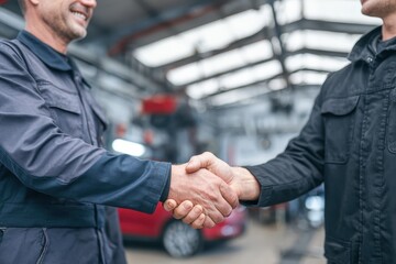 Two Mechanics Shaking Hands in a Bright Automotive Workshop Setting