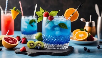 Beautiful blue cocktail glass with summer cocktail decorated with fruit and bar utensils on the counter , created with generative ai