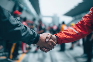 Close-up of Two Race Car Drivers Shaking Hands in Paddock During Event