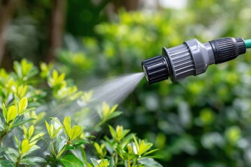 Watering plants in the garden with hose, close up on adjustable nozzle spraying water.