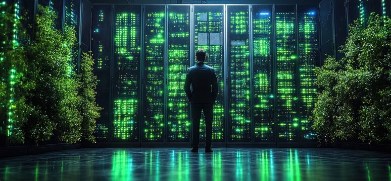 Business executive observes a server room filled with glowing technology