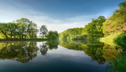 Obraz premium serene landscape with lush trees reflected in calm water creating a tranquil atmosphere