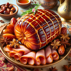 Gourmet meat platter with beautifully glazed ham and garnishes on an ornate plate