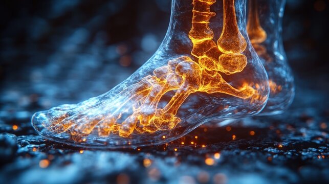 Human foot skeleton glowing with energy
