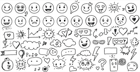Comprehensive Vector Collection of Playful Hand-Sketched Emojis, Hearts, Stars, Crowns, and Design Accents, Perfect for Adding a Fun, Expressive Touch to Digital Content and Artistic Creations.