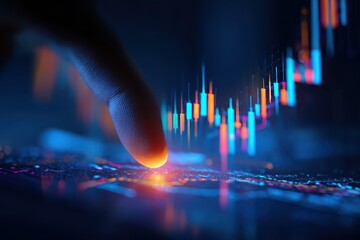 Finger Touching Digital Graph with Colorful Candlestick Charts for Analysis