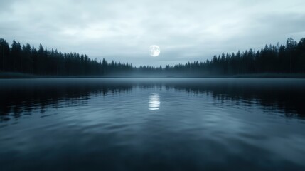 A serene scene of a moonlit lake, framed by dense trees, creating a calm atmosphere that invites reflection and peace in the natural world.