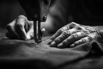 Close-up of Hands Sewing Fabric with Vintage Sewing Machine in Black and White
