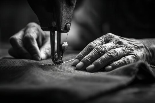Close-up of Hands Sewing Fabric with Vintage Sewing Machine in Black and White