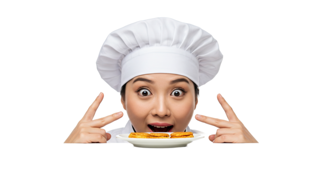 Excited Asian chef pointing at a plate of golden-brown food with a surprised expression