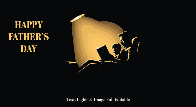 Elegant Vector Art Tribute to Fatherhood, Showcasing a Silhouette of a Dad and Kid Engaged in Quiet Reading, Perfect for Celebrating Father's Day, Family Bonds, and Cherished Shared Experiences.