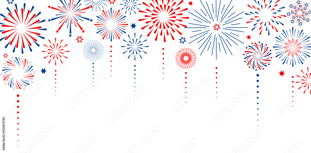 Poster Firework vector icons set isolated on transparent background with copy space. Celebrate 4th of July banner. Red, blue, white usa flag color firework border, firecracker frame.