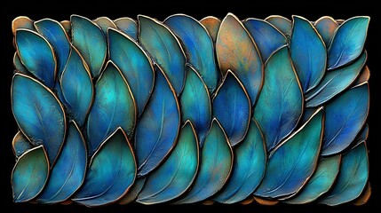 Fototapeta premium Blue - Green Metallic - textured Leaf Decorative Pattern, for Interior Decoration, Art Illustration, Brand Packaging, Web Interface Design, Fashion Matching, Creative Background