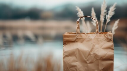 A crinkled brown paper bag stands by the water's edge, highlighting themes of sustainability, waste reduction, and environmental awareness in a beautifully soft-focus background.
