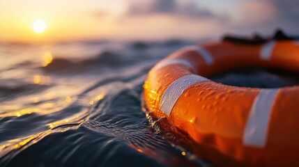 A vibrant lifebuoy floats on tranquil ocean waters as the sun sets, casting a warm glow over the scene, evoking feelings of safety and adventure in nature's embrace.