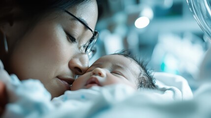 A heartwarming moment between a mother and her newborn baby as they share a gentle kiss, capturing the deep bond and love that exists between them in a soft, serene setting.