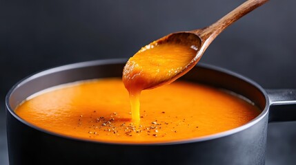A vibrant orange soup sits in a black pot, with a wooden spoon held above it, showcasing its rich texture and inviting appearance, ready to be served for a delightful meal.