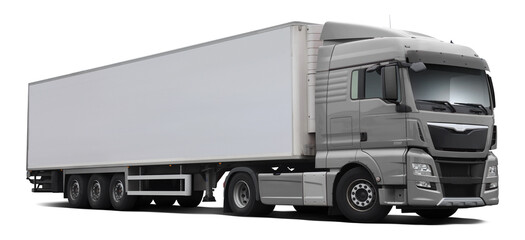 A modern European truck with a gray cab and a full white semi-trailer. Front side view isolated on white background.