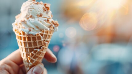 A tempting ice cream cone with a generous swirl of creamy vanilla and drizzled chocolate, perfect for cooling down on a hot summer day, evoking sweet, joyful memories.