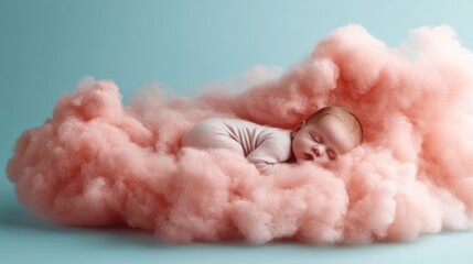 A serene sleeping baby nestled in soft pink cotton clouds, symbolizing innocence and peacefulness, capturing a tender moment of tranquility and warmth in a dreamy environment.