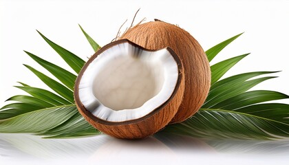 fresh coconut with green leaves isolated on white background
