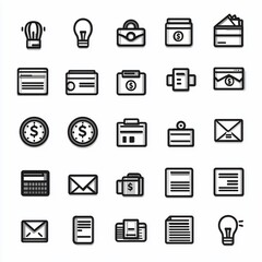 Collection of essential business, finance, office, and communication line icons, perfect for modern digital interfaces, web design, and professional presentations
