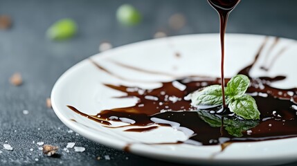 Rich, velvety chocolate sauce elegantly drizzling onto a plate adorned with fresh mint leaves, representing indulgence and the art of fine dining experience.