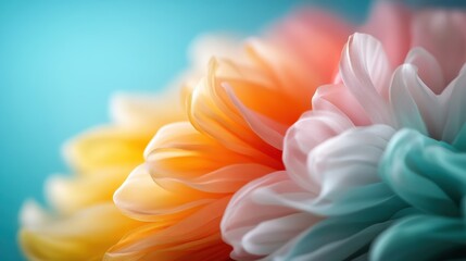 A close-up of vibrant and silky flowers showcasing a gradient of colors from soft orange to delicate pink, set against a soothing turquoise background creating a visual delight.