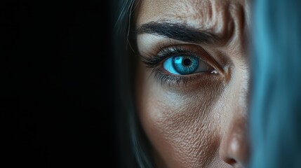 A dramatic close-up of a woman's eye that captivates with striking blue color and intricate details, revealing a rich tapestry of emotions and the depth of human experience.