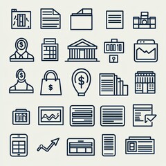 Business and finance outline icon pack with symbols for banking, investment, marketing, and office documents
