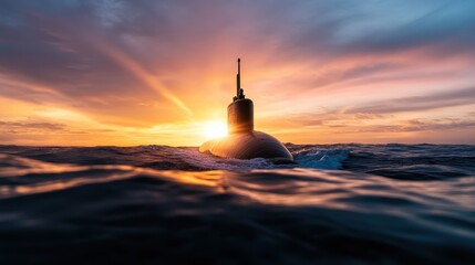 A striking image of a submarine surfacing at sunset, framed by vibrant hues of orange and purple in the sky, reflecting a moment of intrigue and adventure beneath the waves.