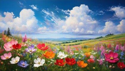 Fototapeta premium landscape painting colorful flowers in field under beautiful clouds