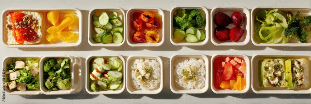 Poster healthy frozen lunch options arranged in neat containers with calorie information listed, designed f