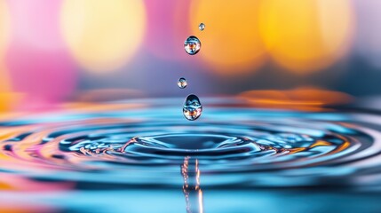A captivating image of water droplets creating ripples and reflections with colorful bokeh in the background, evoking a sense of serenity and tranquility.