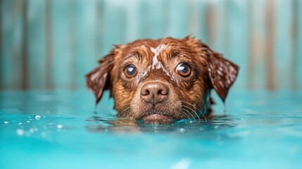 An adorable image showcasing a wet dog swimming, its big expressive eyes capturing the viewer's heart, evoking feelings of joy and playfulness in a bright blue pool setting.