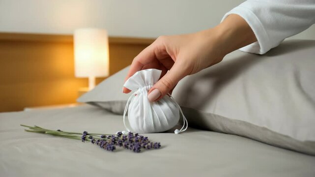 Hand placing lavender sachet on bed, promoting relaxation and aromatherapy