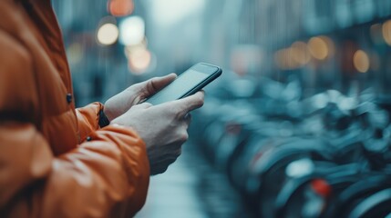 A striking image of a person using a smartphone in a rainy urban setting, capturing the blend of technology and everyday life amidst a blurred backdrop of city activity.