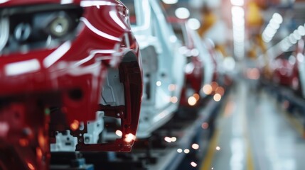 An image depicting the precision and organization of an automobile assembly line, showcasing the intricate processes involved in modern car manufacturing and engineering.