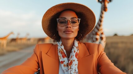 A striking image of a confident woman wearing fashionable attire with giraffes in the background, symbolizing adventure and a connection to nature and wildlife.