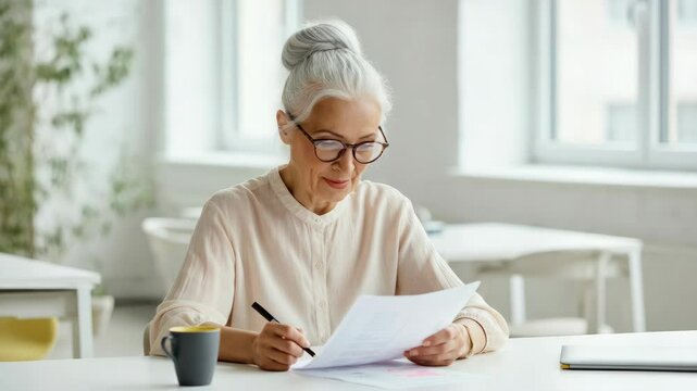 Elderly woman with glasses reading and writing at table in bright room