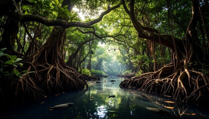 Lush Green Mangrove Forest With Water Reflection Under Sunlight