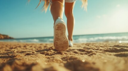 A serene moment captured as someone walks along a sandy beach, the sun shining bright above and waves gently lapping at the shore, evoking feelings of peace and freedom.