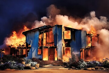 A house covered in blue corrugated iron burns, surrounded by flowers and plants. Smoke pours out of the windows and flames light up the dark night sky.