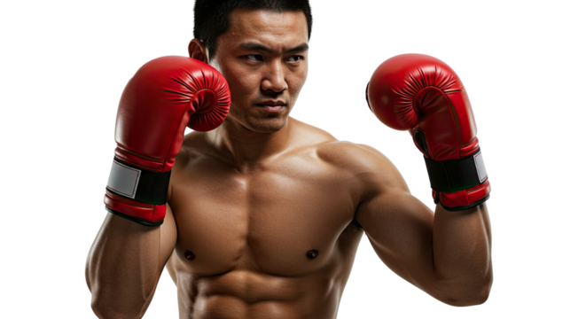 Muscular Asian Boxer Poses with Red Boxing Gloves against a Black Background