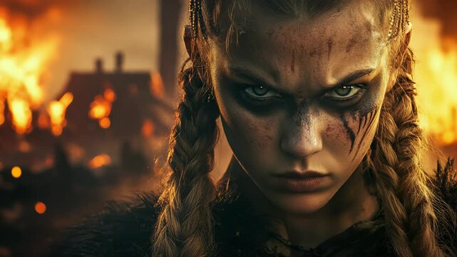 Fierce blonde viking warrior wearing black war paint, standing with intense gaze against backdrop of burning village, embodying raw nordic strength and vengeance