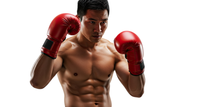 Muscular boxer with red gloves in fighting stance against a dark background - Powered by Adobe