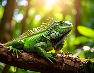 Obraz premium Green Iguana Resting on Tree in Tropical Forest