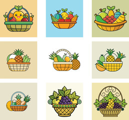 Cartoon Fruit Basket Collection Vector Illustrations Of Fresh Produce Designs