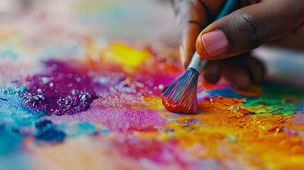 Fototapeta premium Close-up of a person's hand holding a paintbrush and painting on a colorful surface. the brush has a red handle and a white bristled head.