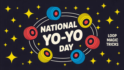 Fototapeta premium A stylized illustration celebrating National Yo-Yo Day with a dark navy blue background decorated with yellow stars